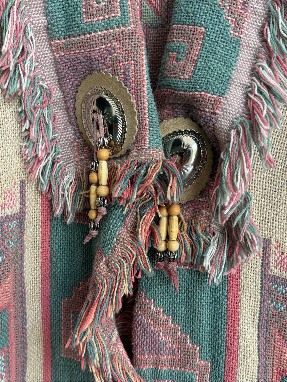 Boho Fringe Jacquard Cardigan Sweater - Pink & Sage - Picture 3 of 8